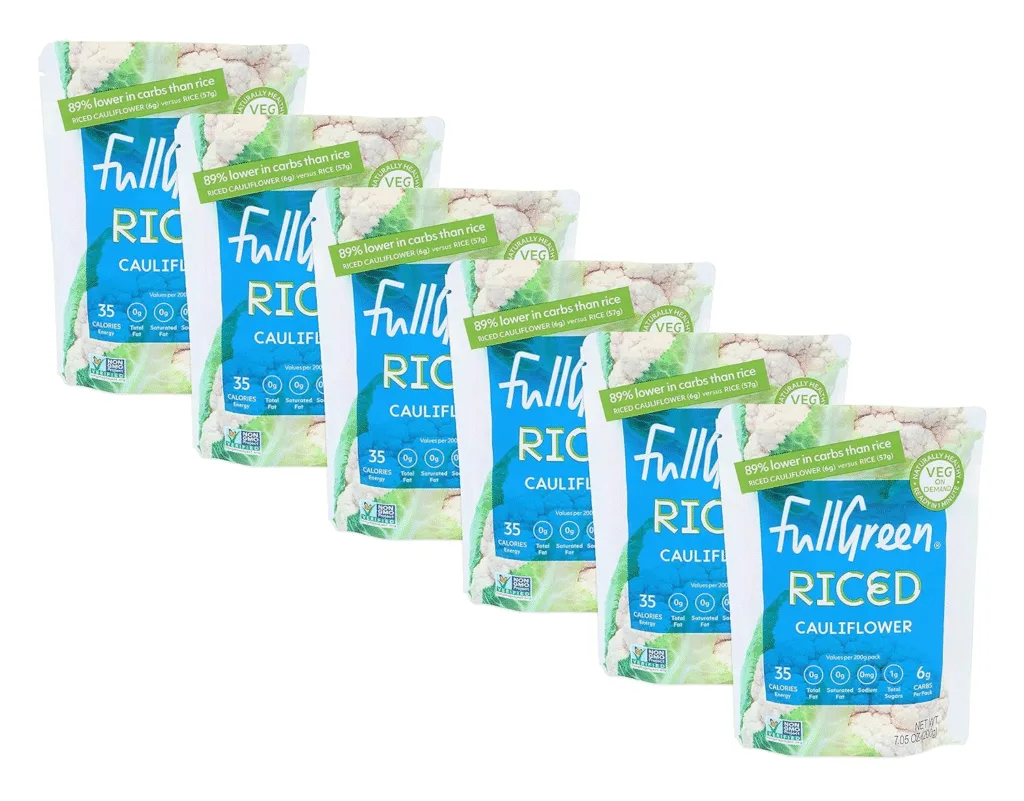 Five bags of FullGreen Riced Cauliflower, a keto-friendly rice alternative.
