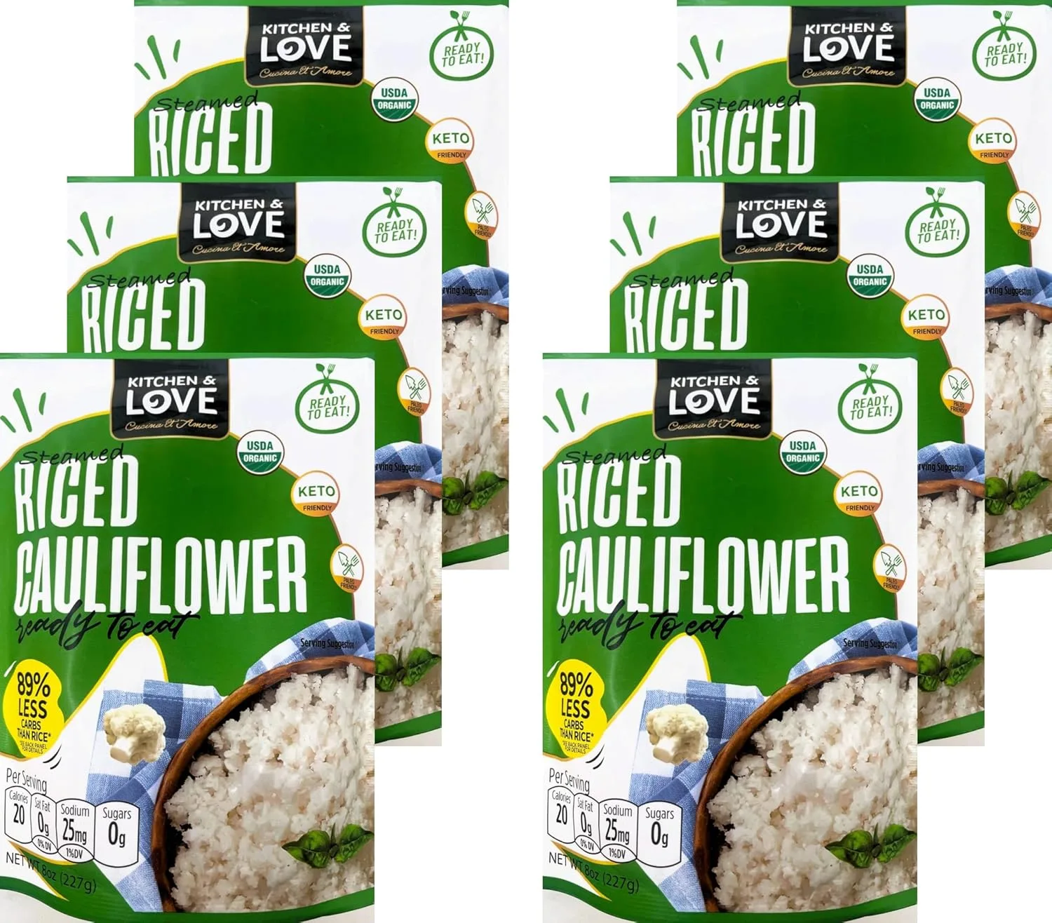 Six bags of Kitchen & Love Steamed Riced Cauliflower, a keto-friendly rice alternative.