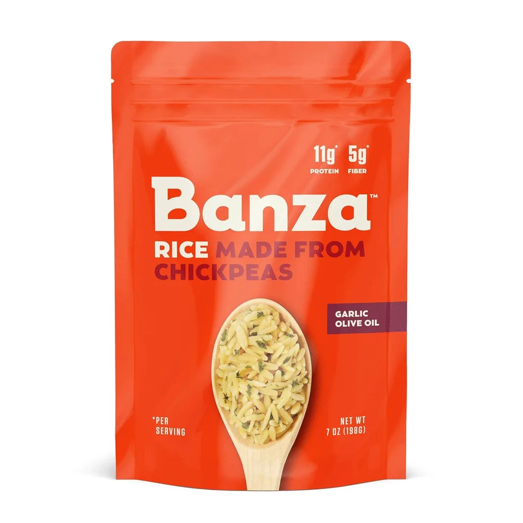 Banza chickpea rice pouch; keto-friendly rice alternative. 11g protein, 5g fiber.