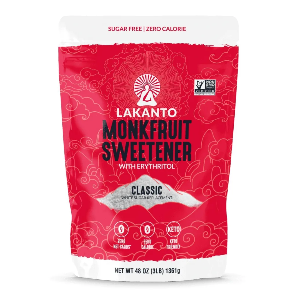 Lakanto Monkfruit Sweetener, sugar-free, zero-calorie, keto-friendly.