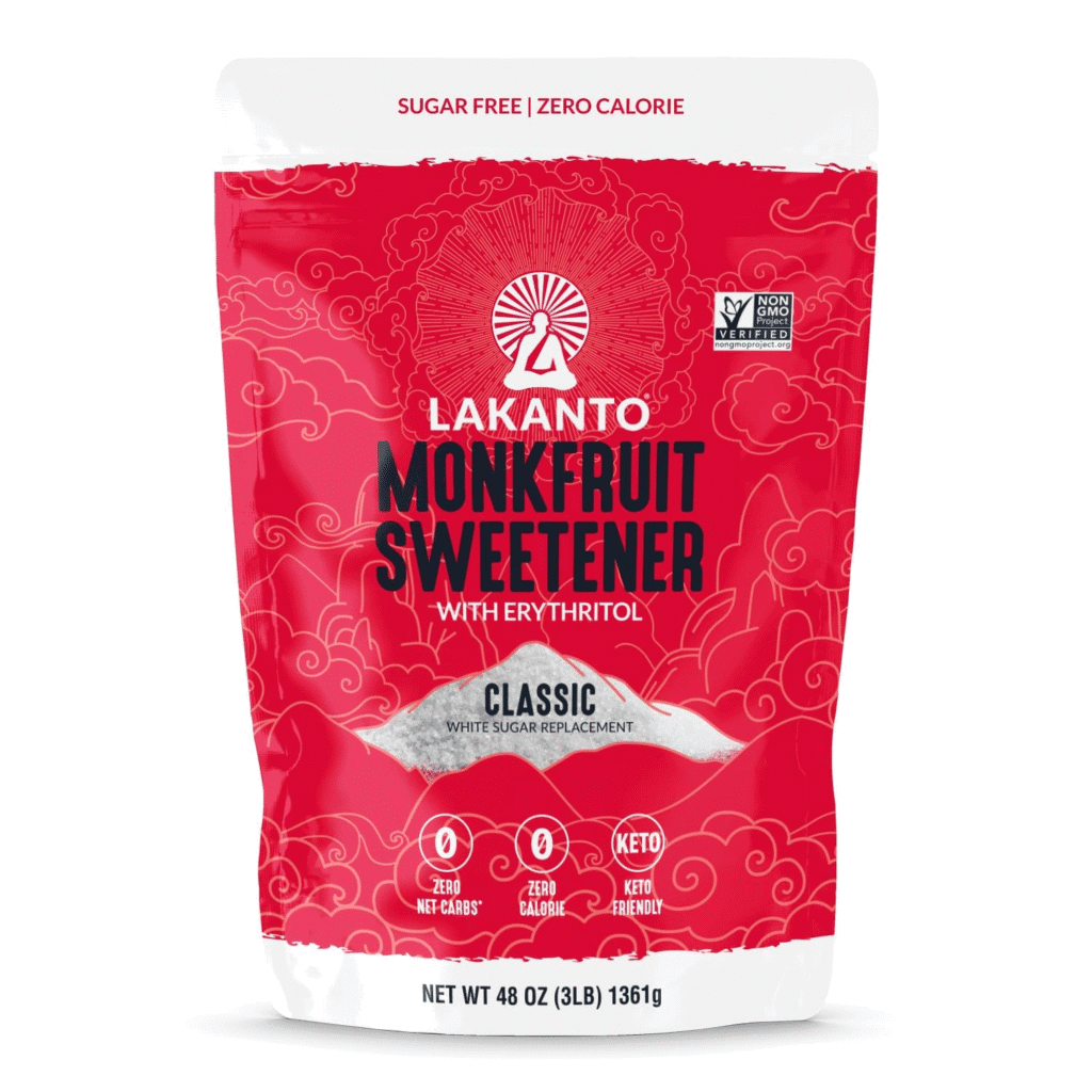 Lakanto Monkfruit Sweetener, sugar-free, zero-calorie, keto-friendly.