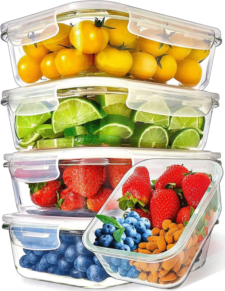 Glass food storage containers filled with keto-friendly fruits and nuts. Perfect for budget-friendly meal prep!