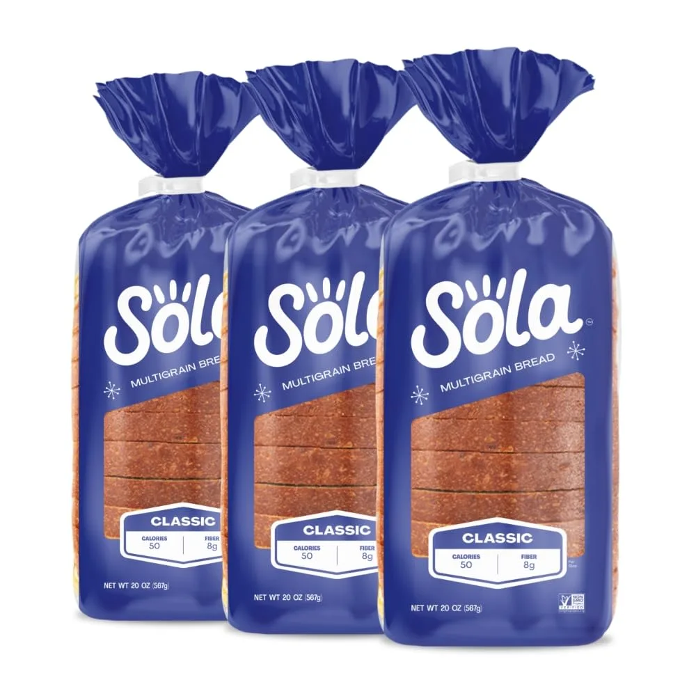 Three loaves of Sola Classic Multigrain Bread, a low-carb option for keto diets.