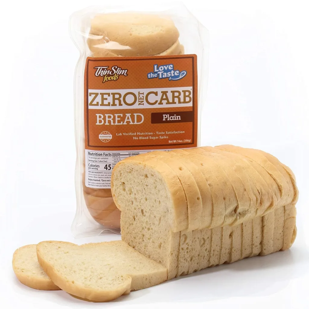Thin Slim Foods Zero Net Carb Bread, Plain: Loaf and slices. Low-carb bread for keto diet.