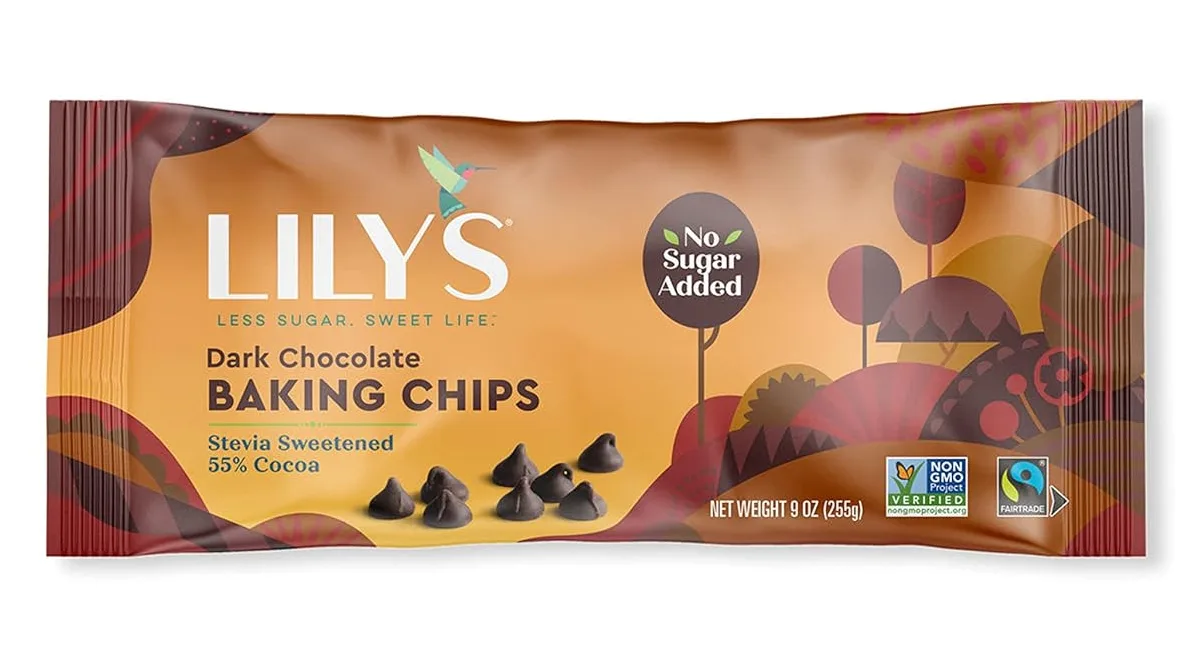 Lily's Stevia Sweetened Dark Chocolate Baking Chips bag, 55% cocoa, no sugar added