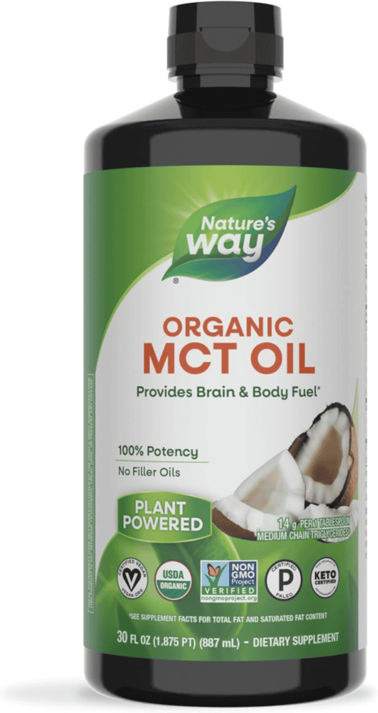 Nature's Way Organic MCT Oil bottle; 30 fl oz, keto certified, plant powered