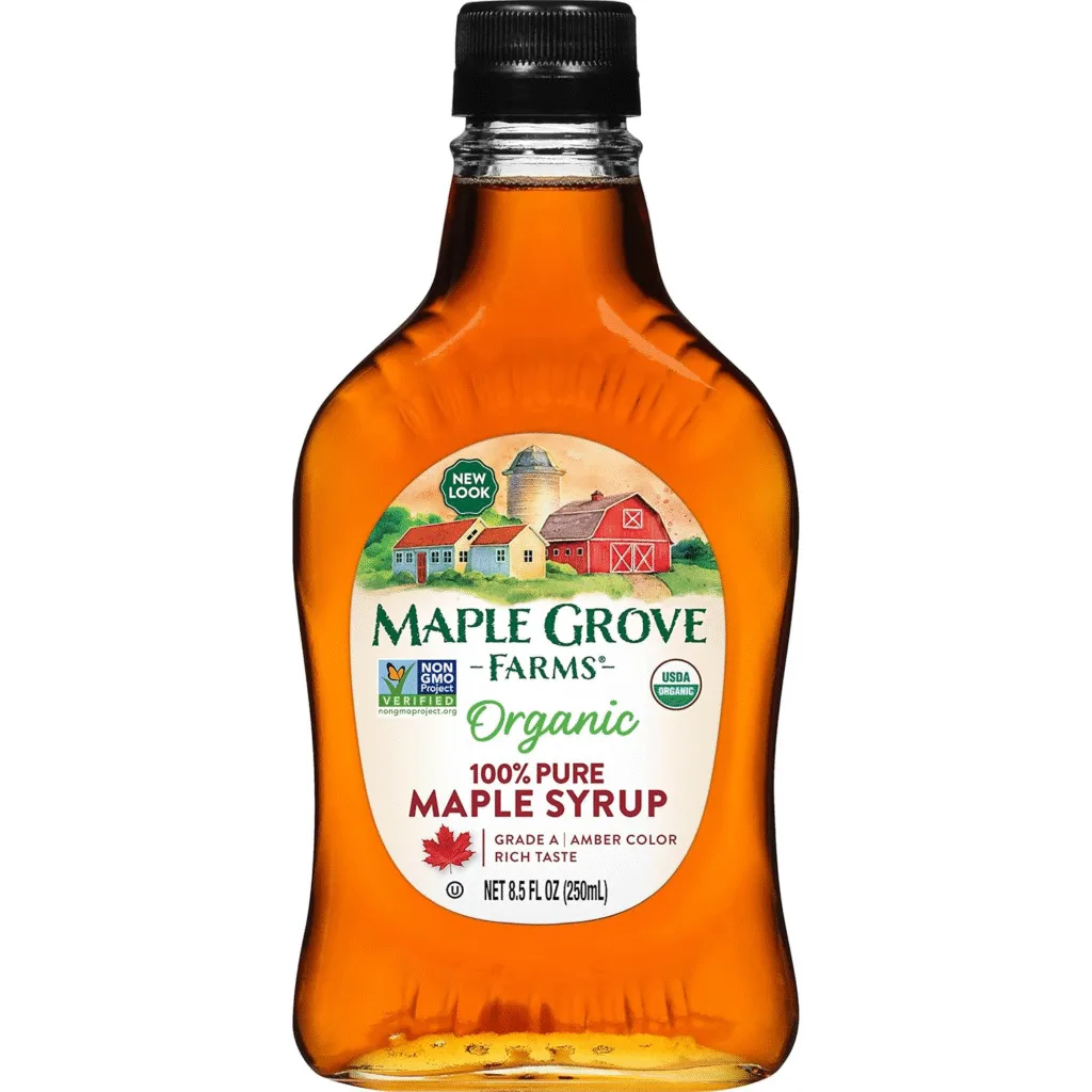 Bottle of Maple Grove Farms Organic 100% Pure Maple Syrup