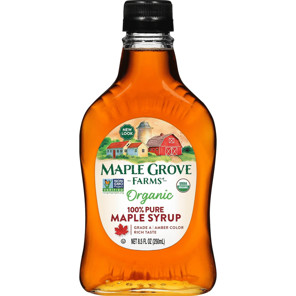 Bottle of Maple Grove Farms Organic 100% Pure Maple Syrup