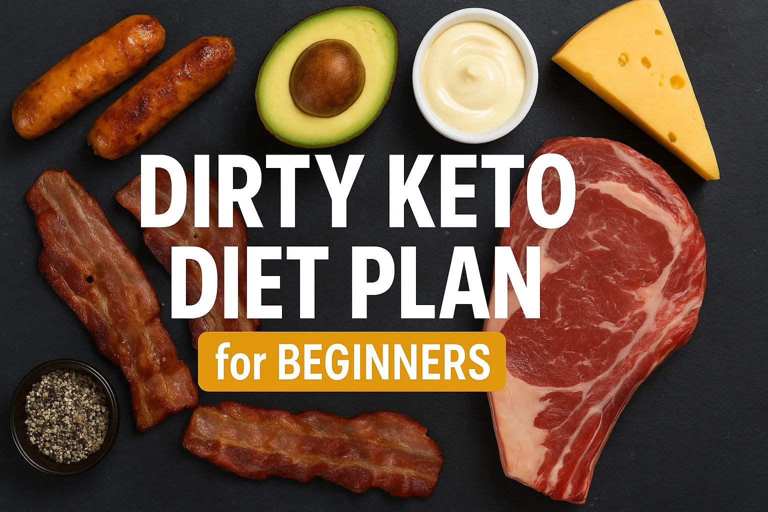 Various keto-friendly foods including bacon, steak, cheese, and avocado. Dirty Keto Diet Plan for Beginners.