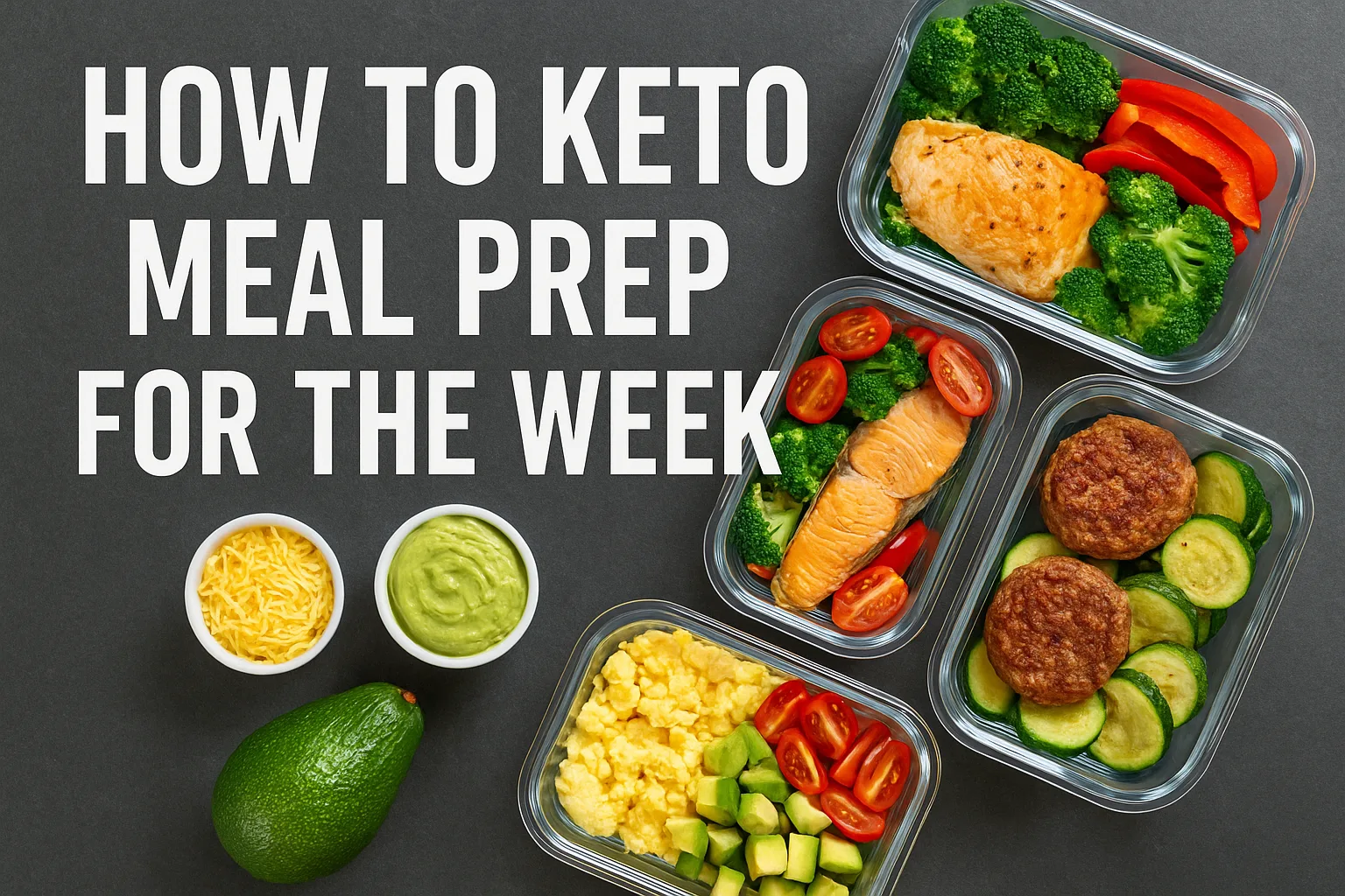Keto meal prep containers: chicken, salmon, meatballs, & eggs. How to Keto Meal Prep for the Week.