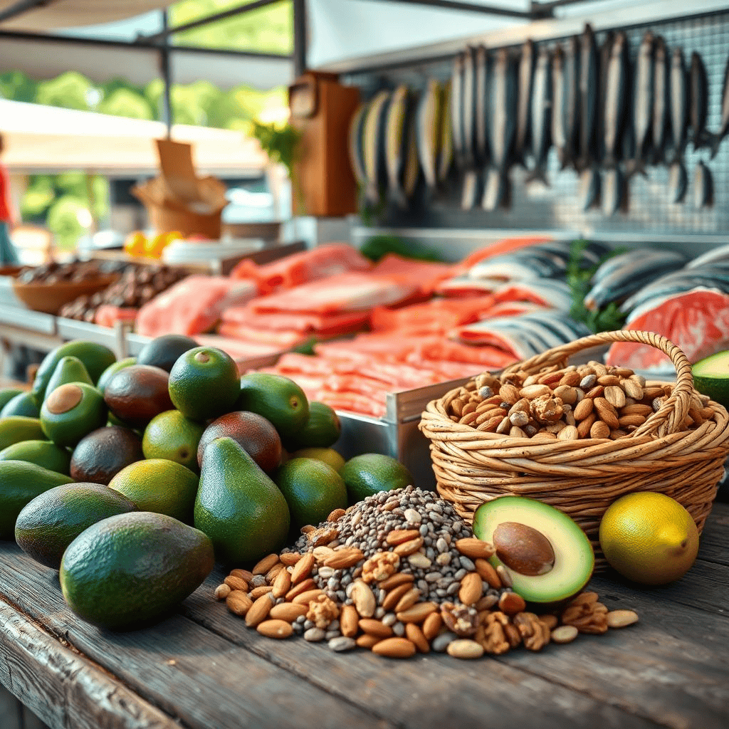Avocados, nuts, seeds, and chia seeds—healthy keto diet foods.