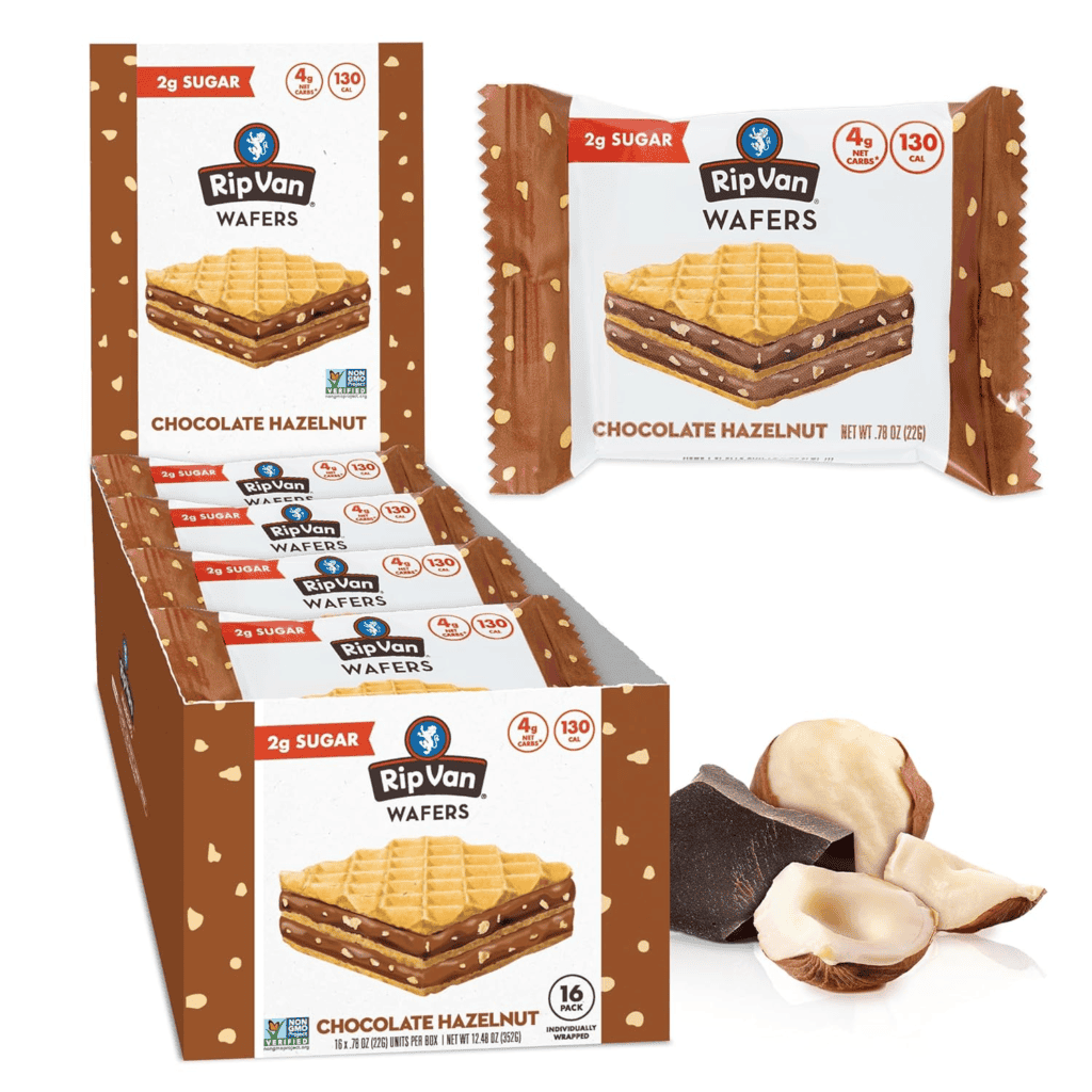 Rip Van Wafers Chocolate Hazelnut box and individual wrappers. 16 individually wrapped wafers, 2g sugar, 4g net carbs.