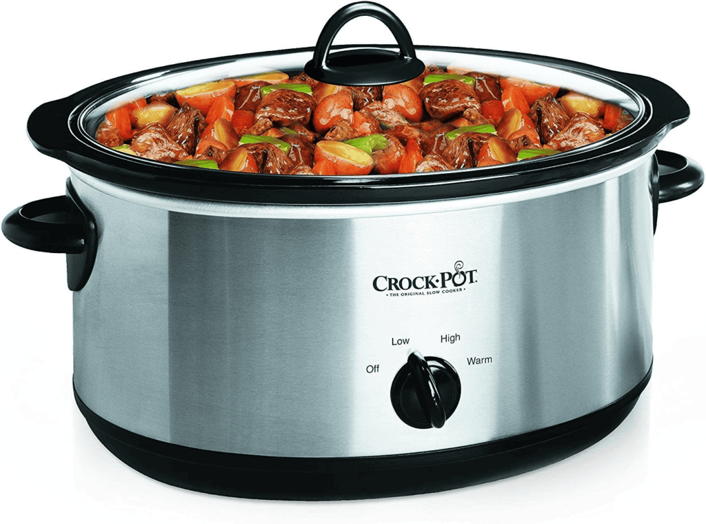 Stainless steel Crock-Pot slow cooker with beef stew, perfect for keto meal prep.