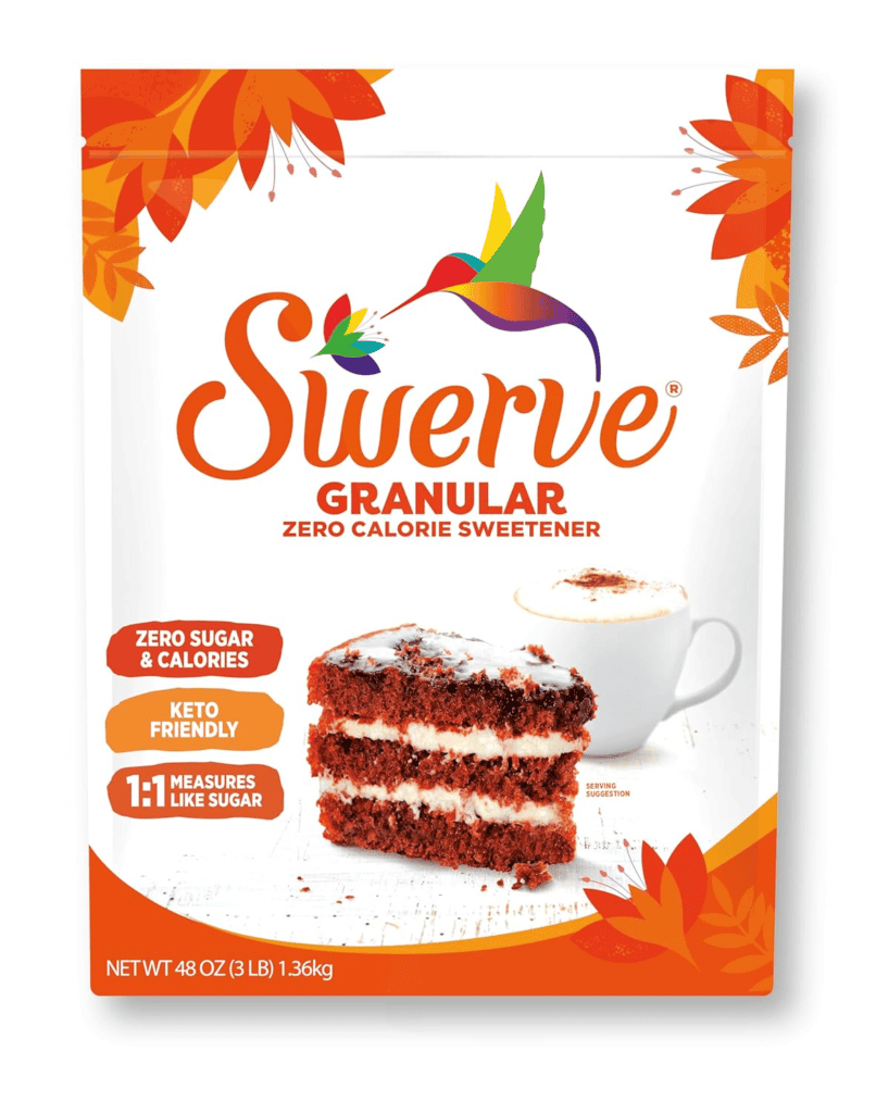 Swerve Granular zero-calorie sweetener bag; keto-friendly, measures like sugar.
