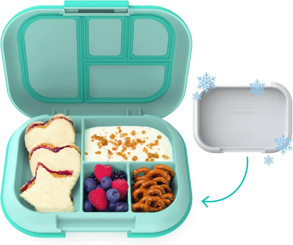 Teal bento box with compartments holding a keto-friendly kids' lunch: peanut butter sandwiches, yogurt, berries, and pretzels. Freezable ice pack shown separately.