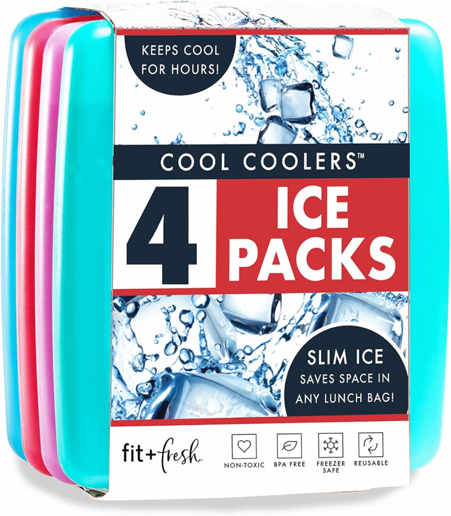 Four reusable slim ice packs in pink, purple, and teal; ideal for keeping keto lunches cool.