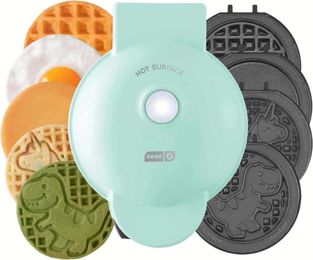 Mini waffle maker with interchangeable plates making keto-friendly waffles, pancakes, and eggs. Perfect for kids' lunches!