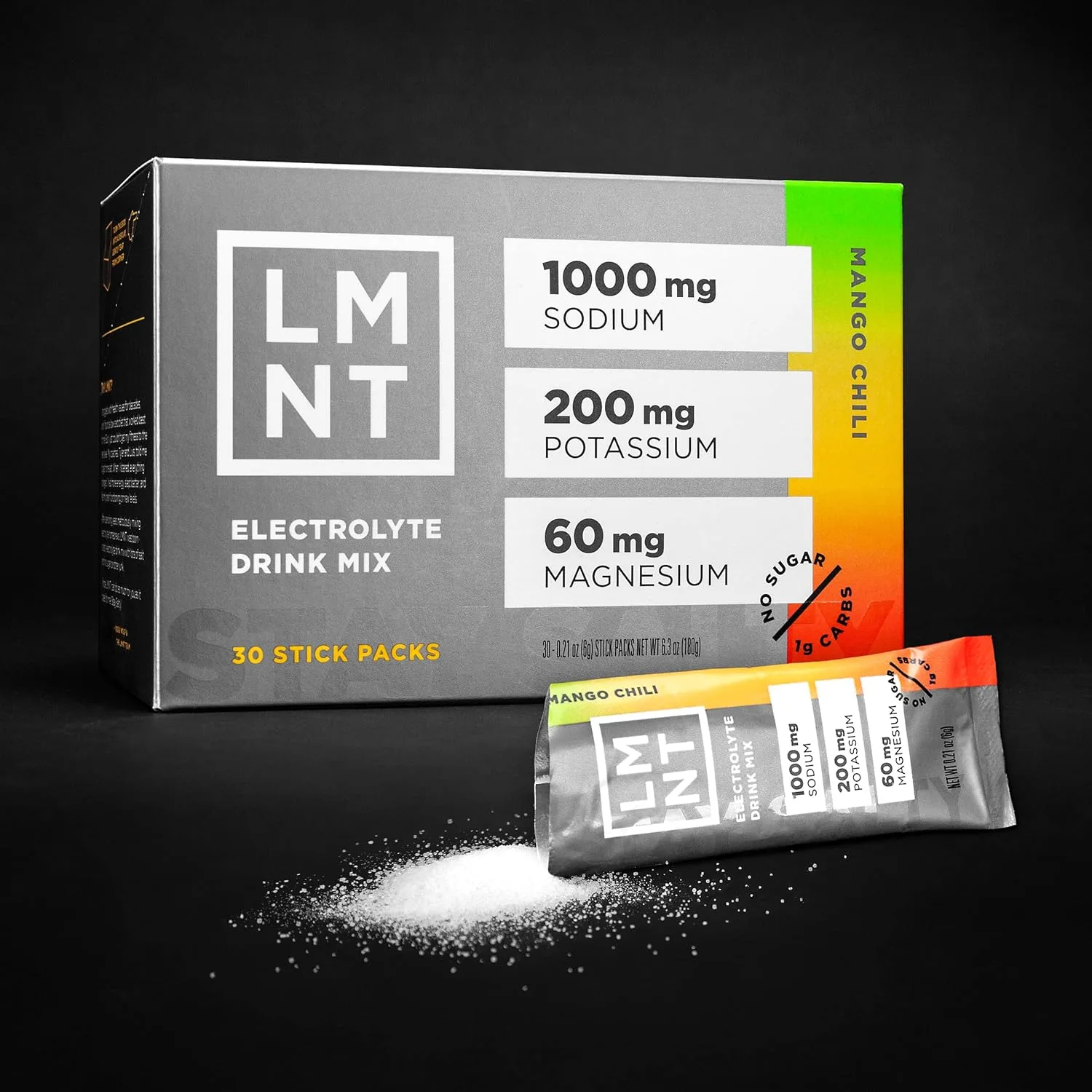 LMNT Recharge Electrolyte Drink Mix box and single-serving packet. 1000mg Sodium, 200mg Potassium, 60mg Magnesium. Mango Chili flavor.