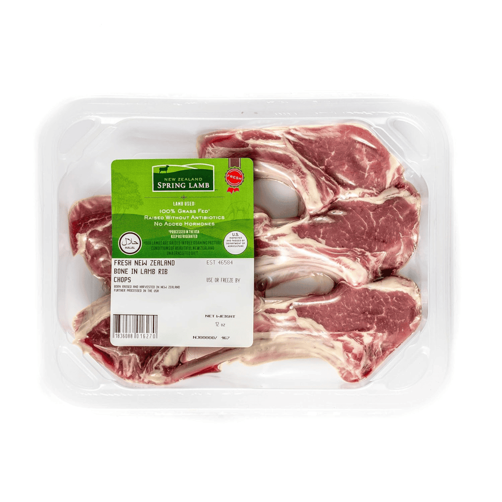 Package of fresh New Zealand Spring Lamb bone-in rib chops. 100% grass-fed, raised without antibiotics or added hormones.