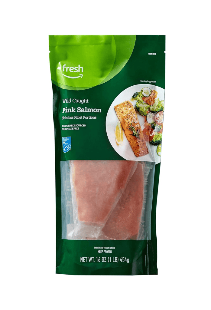 Package of frozen wild-caught pink salmon fillets. Ready for keto carnivore diet.