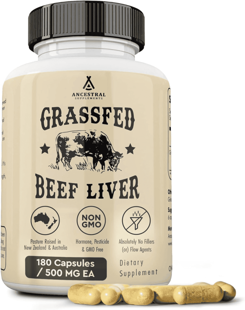 Grass-fed beef liver capsules: 180 capsules, 500mg each. Supports ketosis.