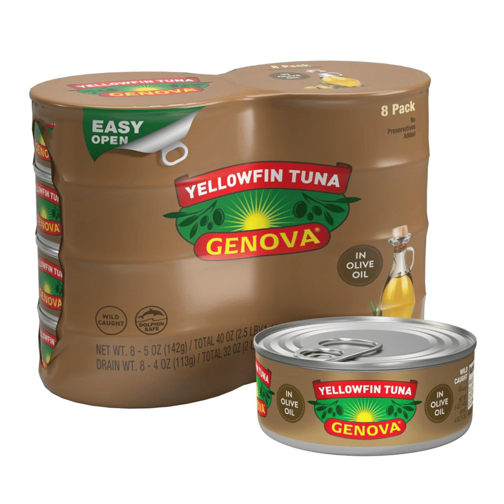Genova Yellowfin Tuna in olive oil, 8-pack. High protein, low carb lunch idea.