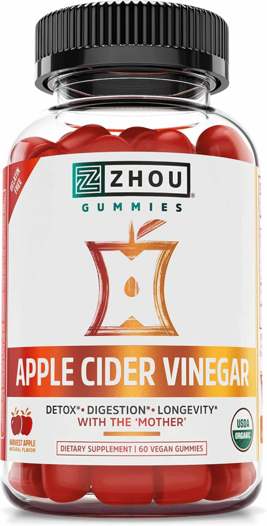 Zhou Apple Cider Vinegar Gummies, 60 vegan gummies, best ACV gummies for weight loss.