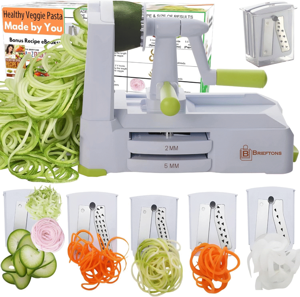 Vegetable spiralizer with interchangeable blades and examples of zucchini noodles. Easy high-protein, low-carb lunch ideas.