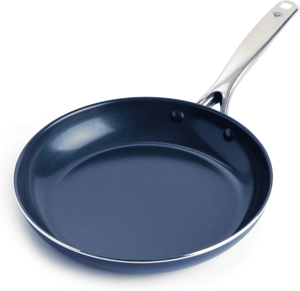 Blue nonstick frying pan, perfect for cooking high-protein, low-carb lunches.