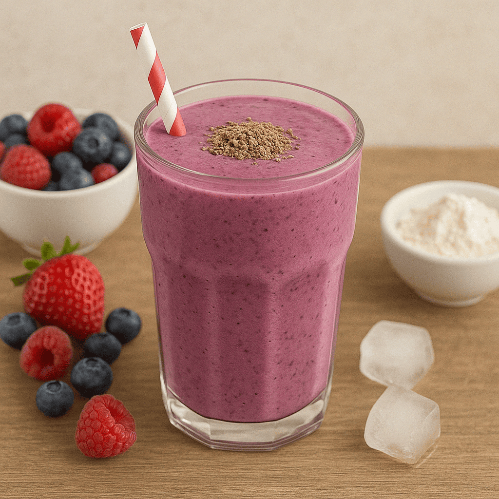 Delicious berry protein smoothie in glass, garnished with cocoa. Perfect for weight loss.