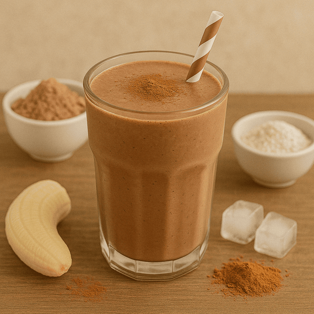 Chocolate protein smoothie with banana and cinnamon; weight loss recipe.
