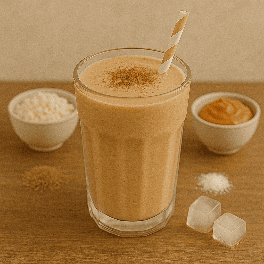Creamy protein smoothie with cinnamon, ingredients including peanut butter and coconut flakes