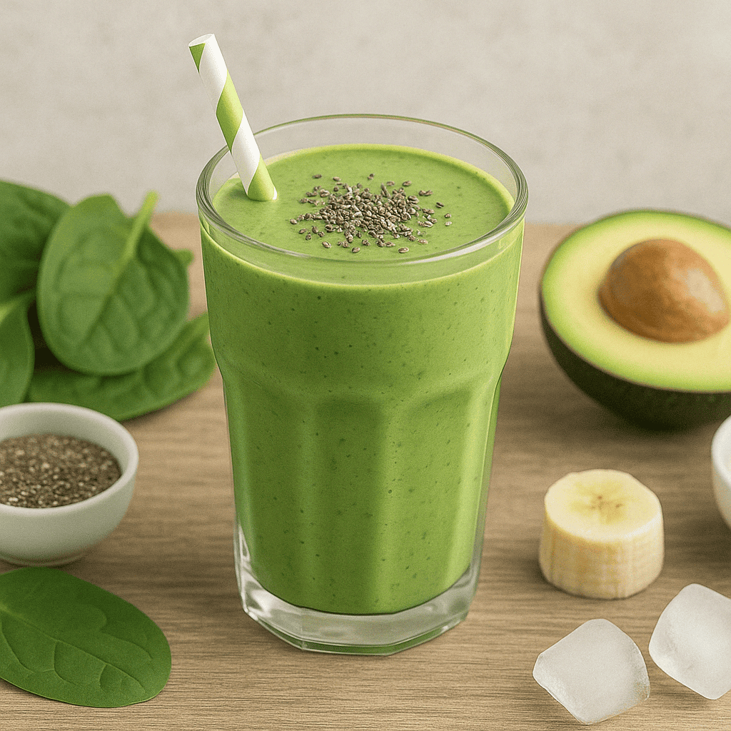 Green smoothie in glass with avocado, spinach, and banana; ingredients for weight-loss protein smoothie recipe.