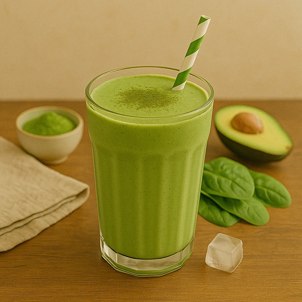 Refreshing green smoothie in a glass with avocado and spinach