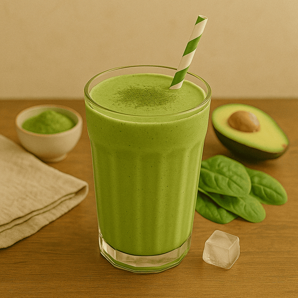 Refreshing green smoothie in a glass with avocado and spinach