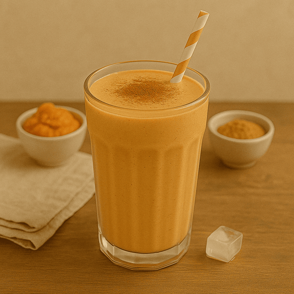 Pumpkin protein smoothie in glass with cinnamon topping. Weight loss smoothie recipe.