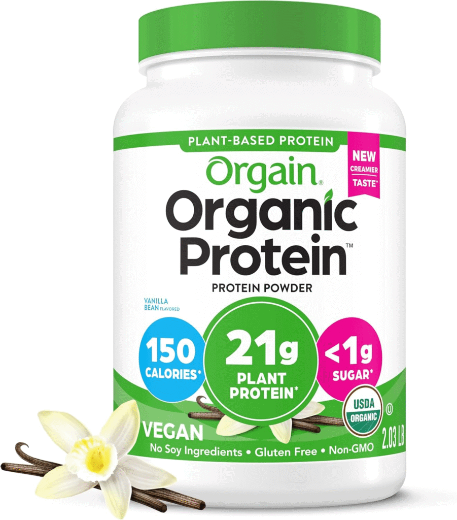 Orgain Organic Protein powder container; vanilla bean flavor; 21g plant protein, <1g sugar, 150 calories.