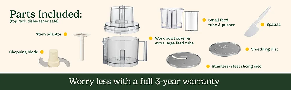 Cuisinart 14-Cup food processor parts: work bowl, blades, discs, and accessories.