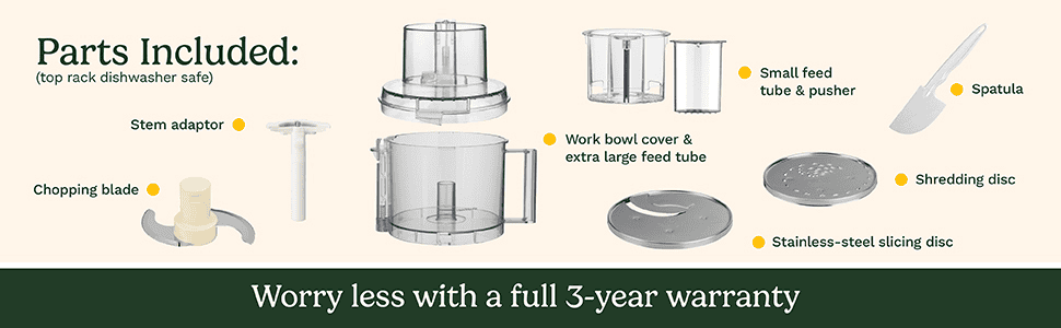 Cuisinart 14-Cup food processor parts: work bowl, blades, discs, and accessories.