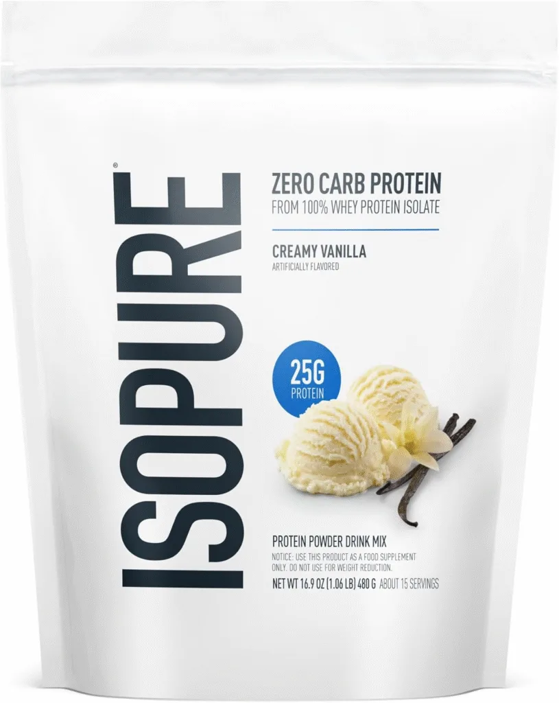 Isopure Zero Carb Protein powder, Creamy Vanilla flavor, 25g protein per serving.