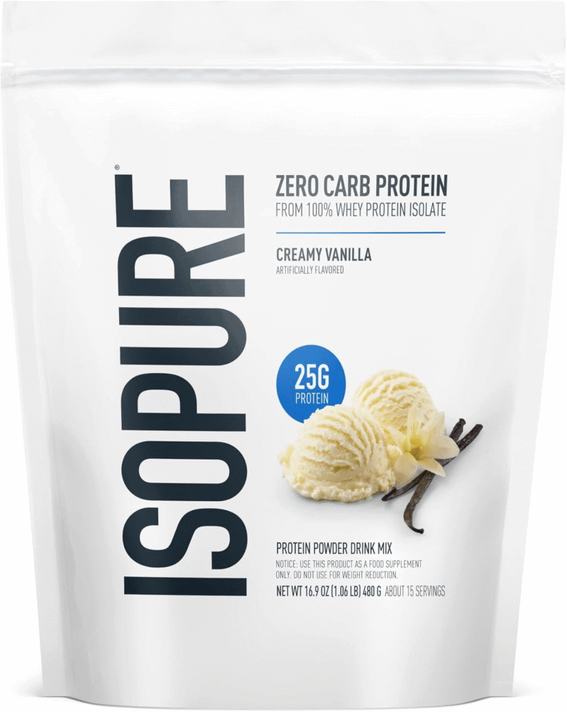 Isopure Zero Carb Protein powder, Creamy Vanilla flavor, 25g protein per serving.