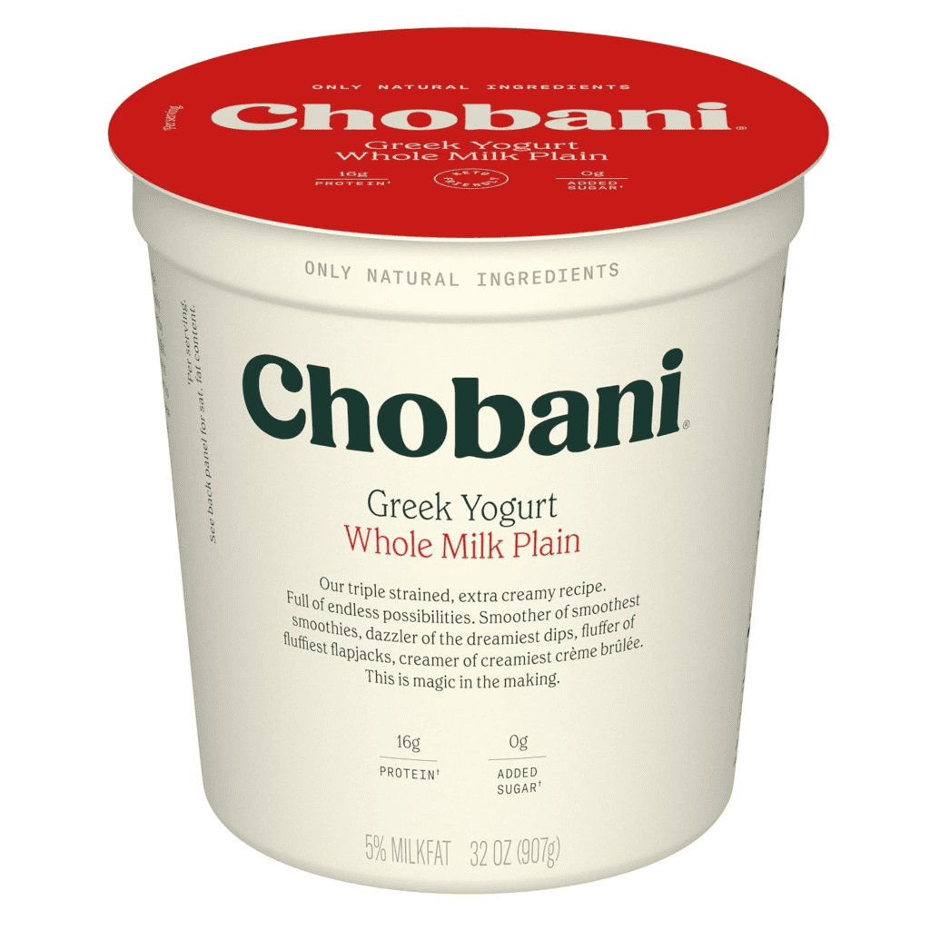 Chobani Greek Yogurt, Whole Milk Plain, 32 oz, keto-friendly, 16g protein, 0g added sugar
