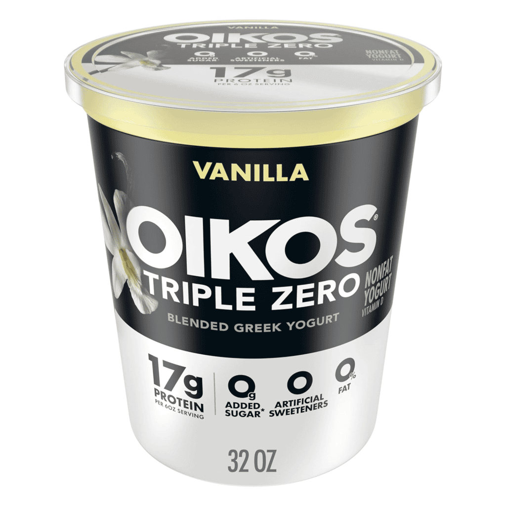 Oikos Triple Zero Blended Greek Yogurt, Vanilla, 32oz. 17g protein, 0g added sugar, 0% fat.