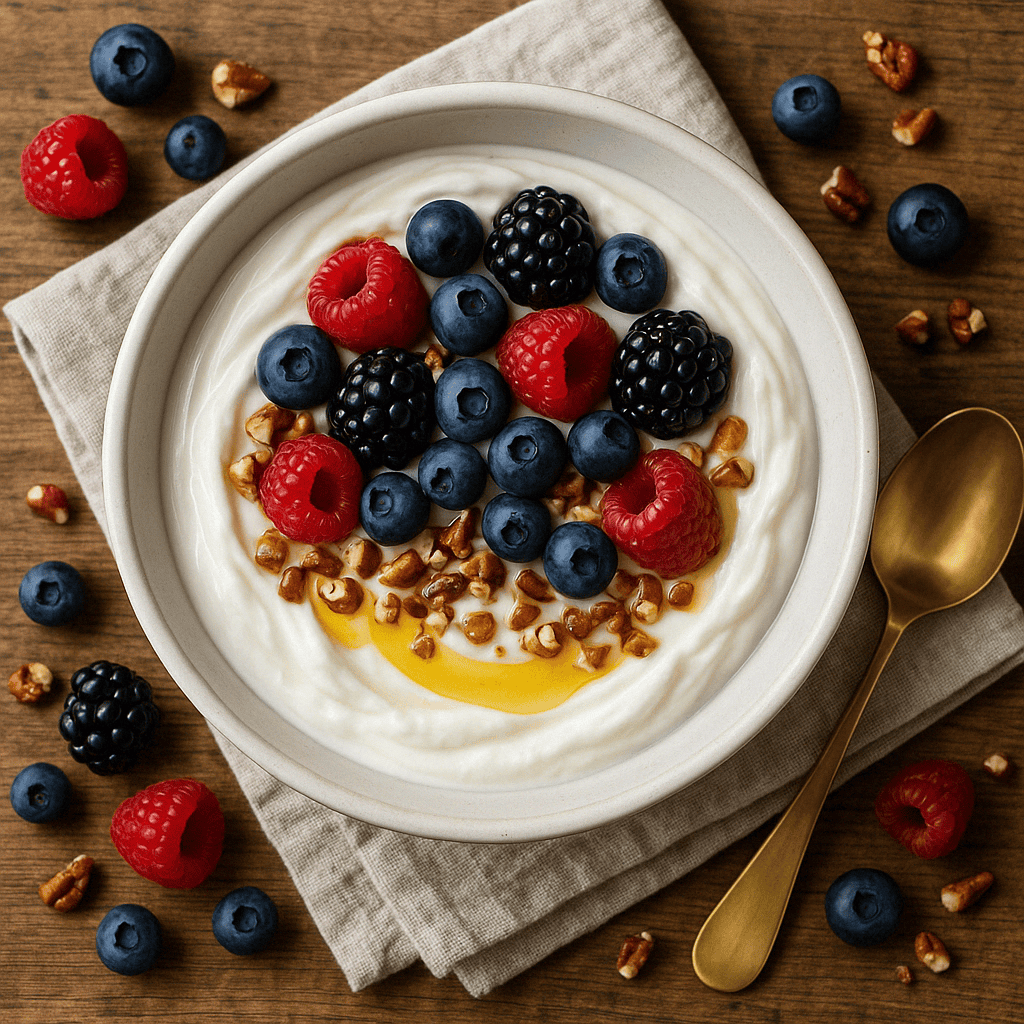 Bowl of keto Greek yogurt with berries, pecans, and honey.