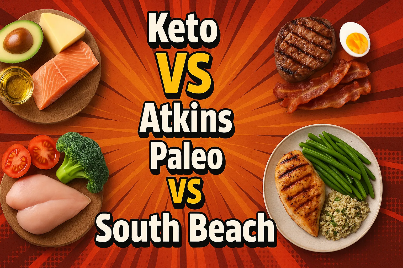 Keto vs Atkins vs Paleo vs South Beach diet comparison: food examples.