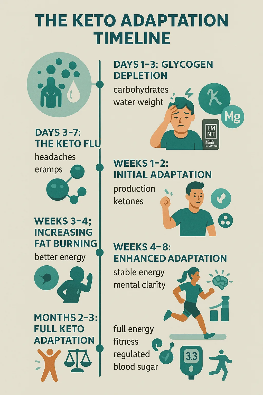 Keto adaptation timeline infographic detailing the stages from glycogen depletion to full adaptation over weeks