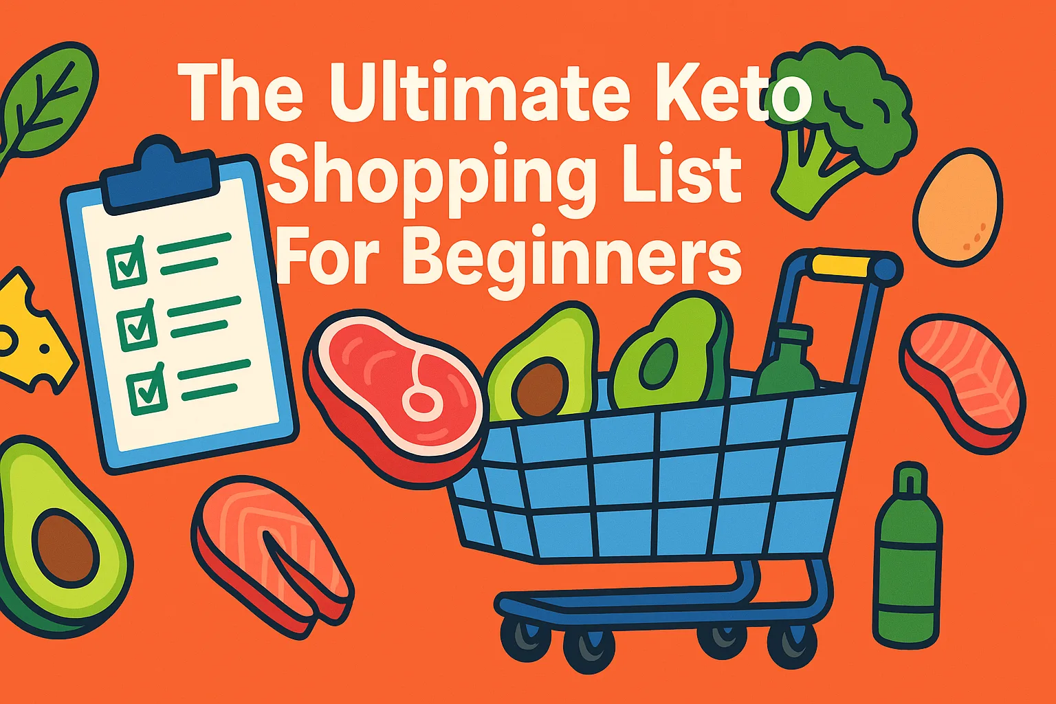 Shopping cart with keto diet foods: steak, salmon, avocado, broccoli. The Ultimate Keto Shopping List for Beginners