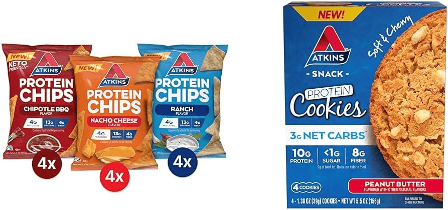 Atkins protein chips & peanut butter cookies: keto-friendly snacks. 3g net carbs.