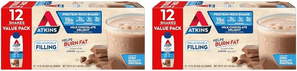 Atkins Milk Chocolate Delight protein shake 12-pack. High-quality protein, helps burn fat.
