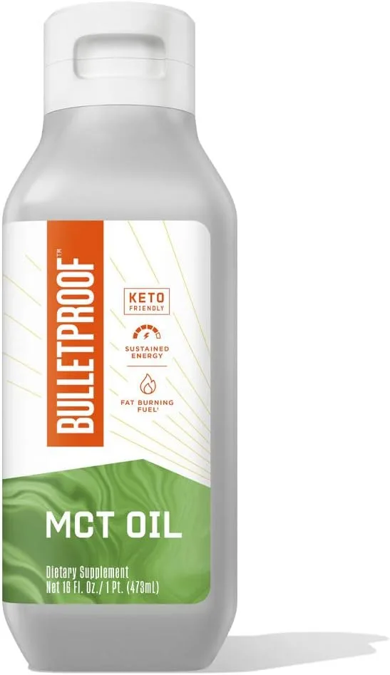 Bulletproof MCT Oil bottle; Keto-friendly dietary supplement for sustained energy and fat burning.